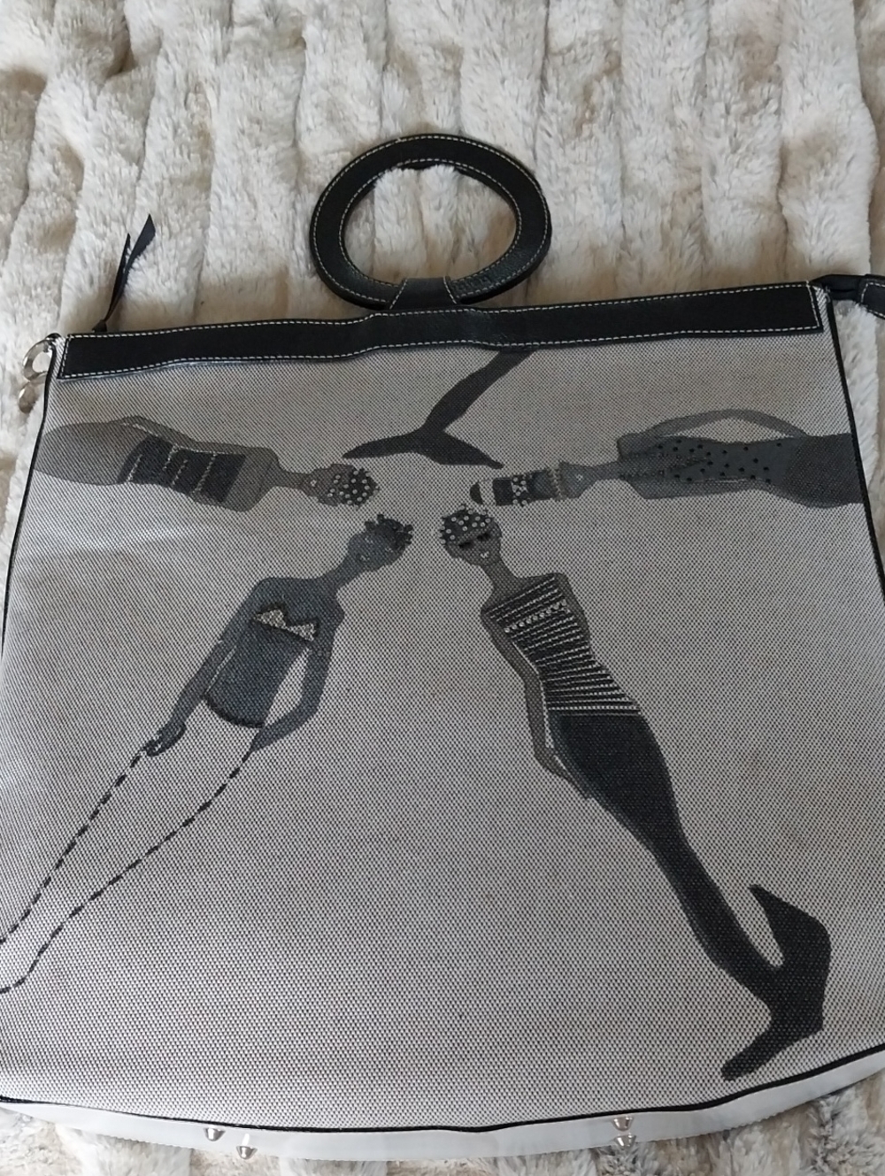 Barbara Rihl Made In France Gray Canvas Bag with Gray Mermaids And Charcoal Trim
